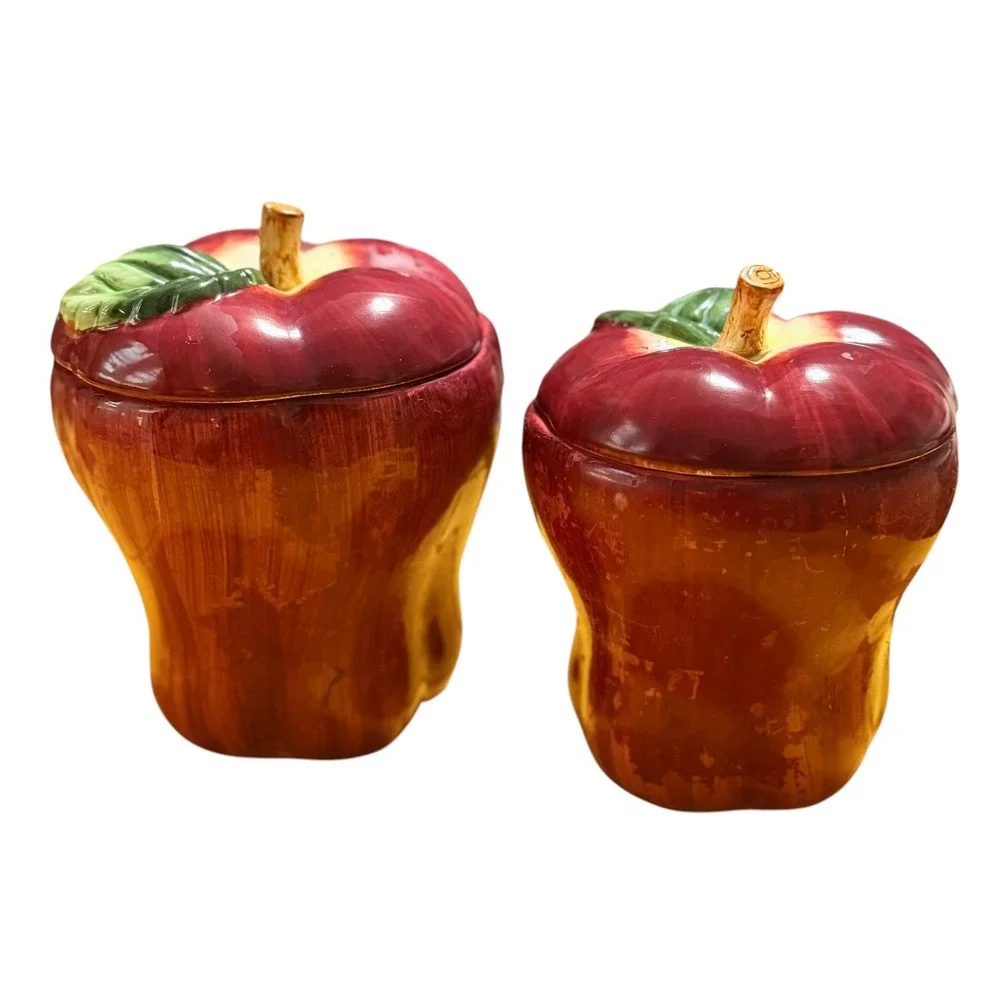 KMC Ceramic Apple Canisters Set of 2 Red Hand Painted Kitchen Storage Jars 7in
